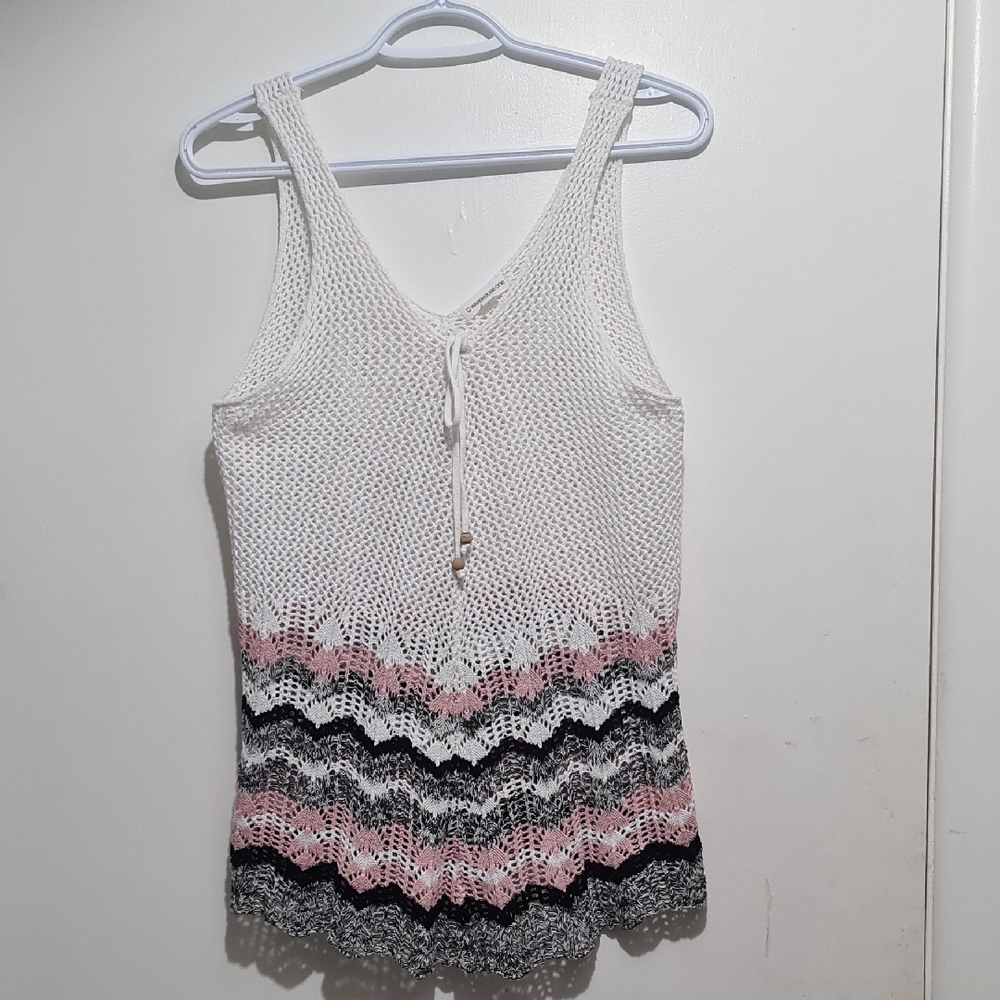 Warehouse White and Pink Ribbed Tie Front Tank Top